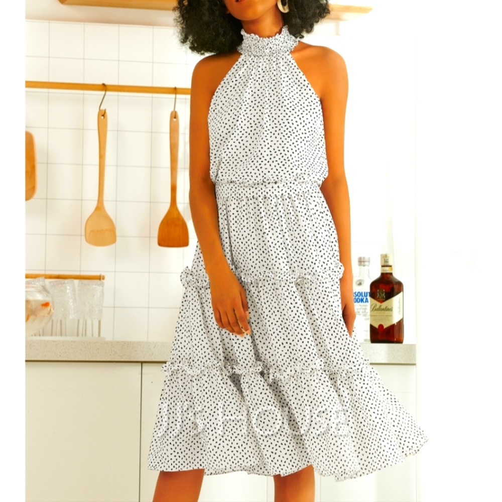 JJ's HOUSE White Spotted High Neck Tiered Ruffle Dress, sz 10 - Picture 7 of 16